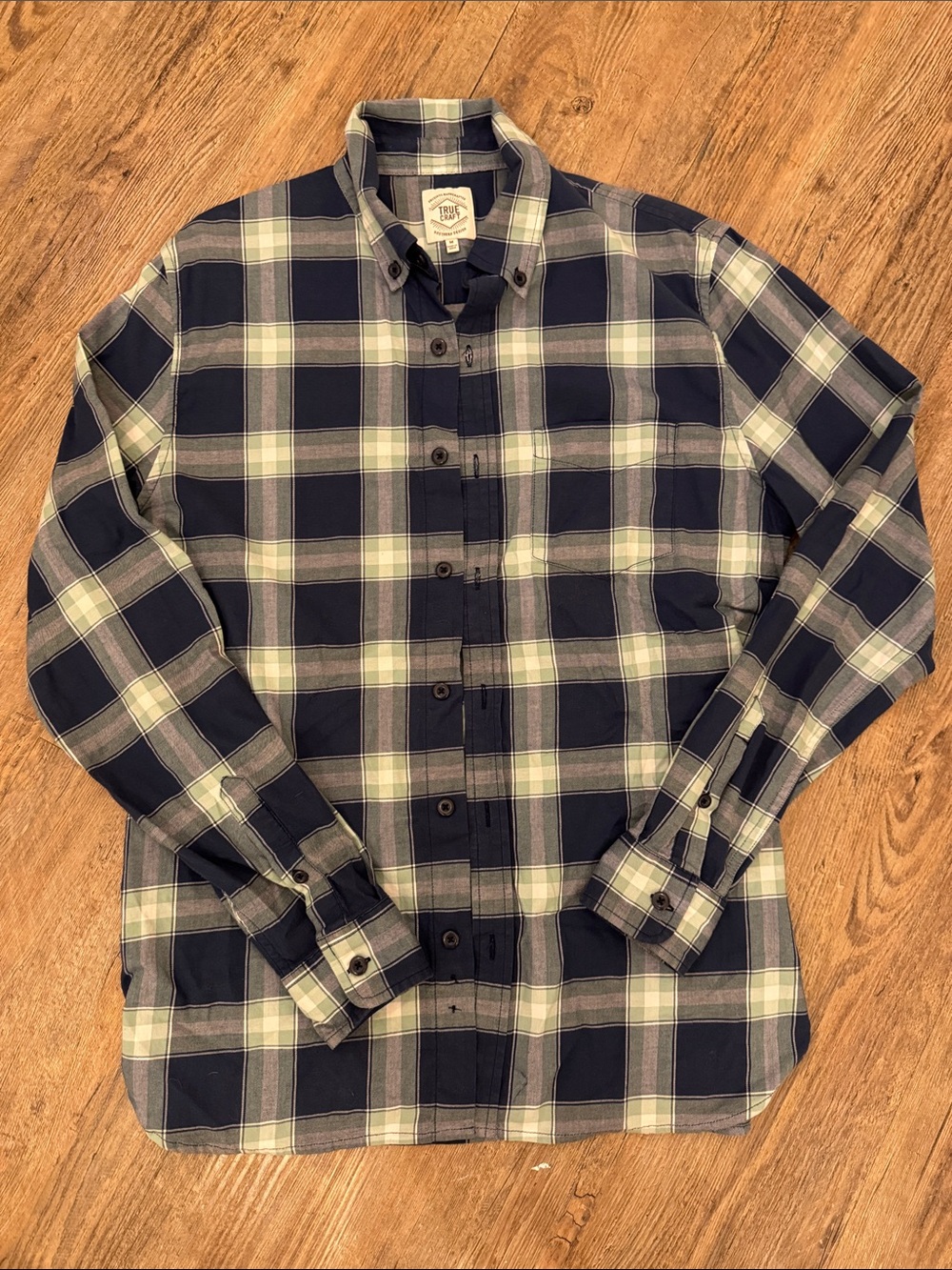 True Craft Navy and Light Green Plaid Button-Down Shirt